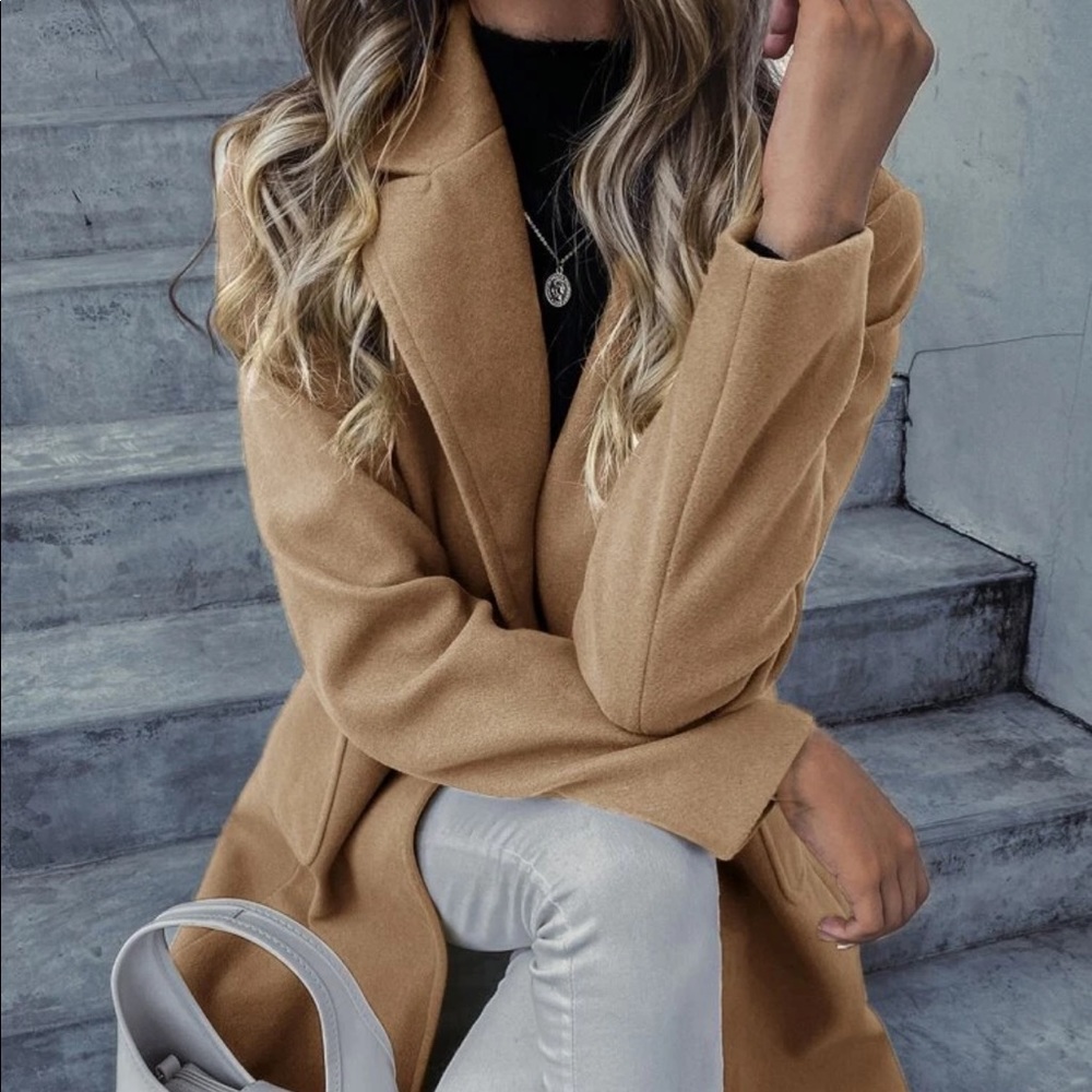 New Camel Brown Double Breasted Trench Coat Pea Coat - Picture 4 of 7
